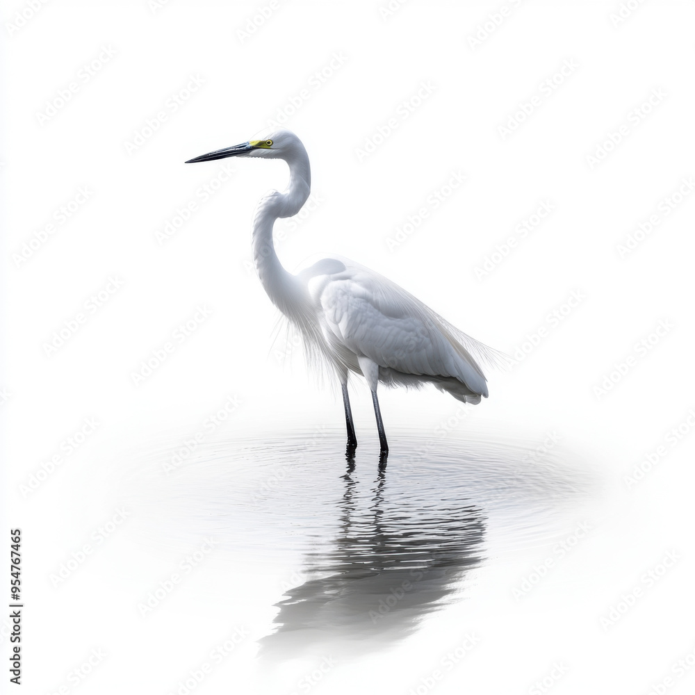 A serene white egret stands in still water, with its reflection perfectly mirrored, against a white background. A serene white egret stands in still water, with its reflection perfectly mirrored, against a white background.