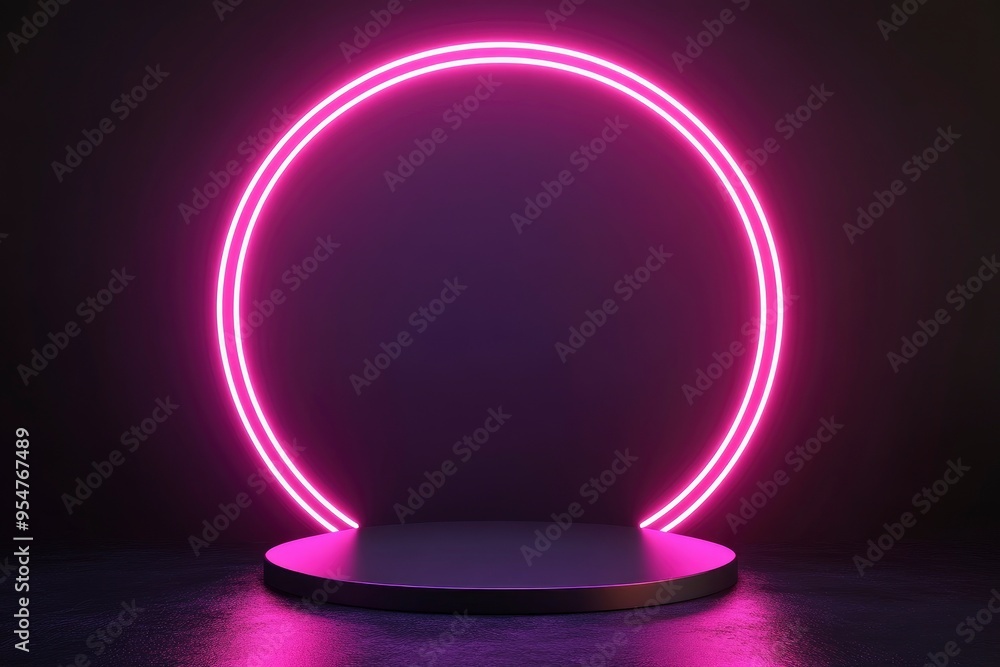 Black Friday Sale Concept. Empty circle pedestal for product displays with Pink neon arch lighting on black background. Vector illustration with generative ai Black Friday Sale Concept. Empty circle pedestal for product displays with Pink neon arch lighting on black background. Vector illustration with generative ai
