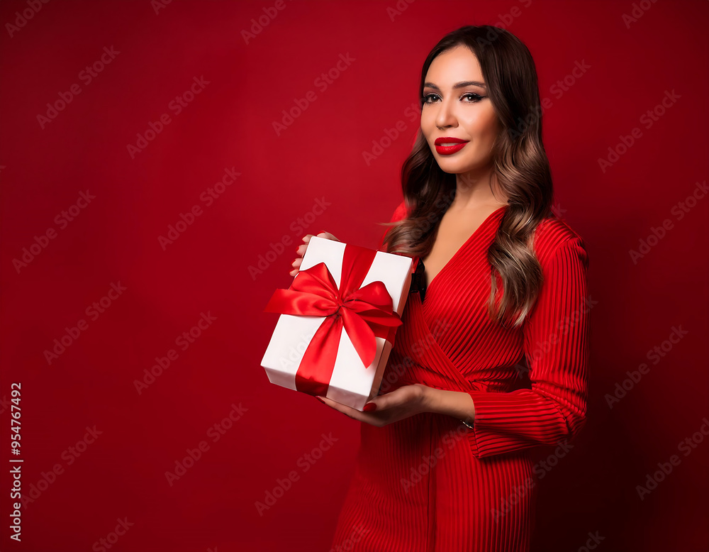 Woman in Red Outfit Holding a Gift Box with Red Ribbon on Red Background- A woman dress_1(395) Woman in Red Outfit Holding a Gift Box with Red Ribbon on Red Background- A woman dress_1(395)