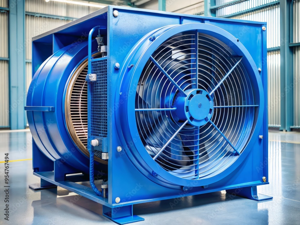 Photo image of a blue spiral-shaped compressor with three cooling fins on top and a fan blowing air from the side. Photo image of a blue spiral-shaped compressor with three cooling fins on top and a fan blowing air from the side.