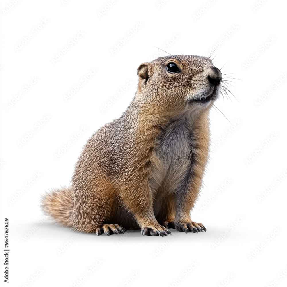 Close-up of a curious ground squirrel sitting upright on a white background, highlighting its detailed fur and expressive eyes. Close-up of a curious ground squirrel sitting upright on a white background, highlighting its detailed fur and expressive eyes.