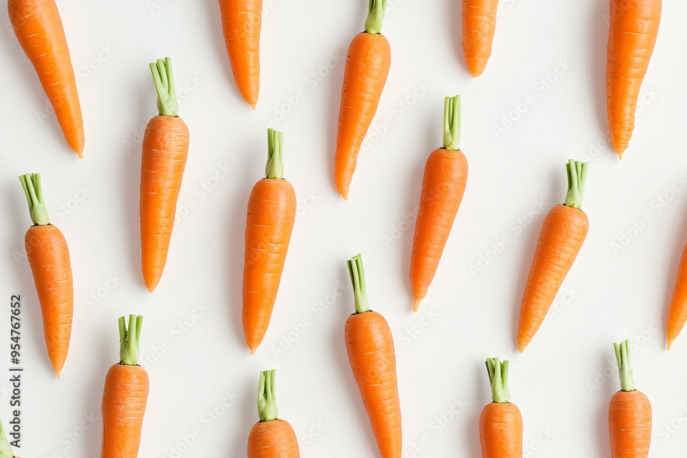 A pattern of fresh carrots is neatly arranged on a white background highlighting their vibrant orange color A pattern of fresh carrots is neatly arranged on a white background highlighting their vibrant orange color
