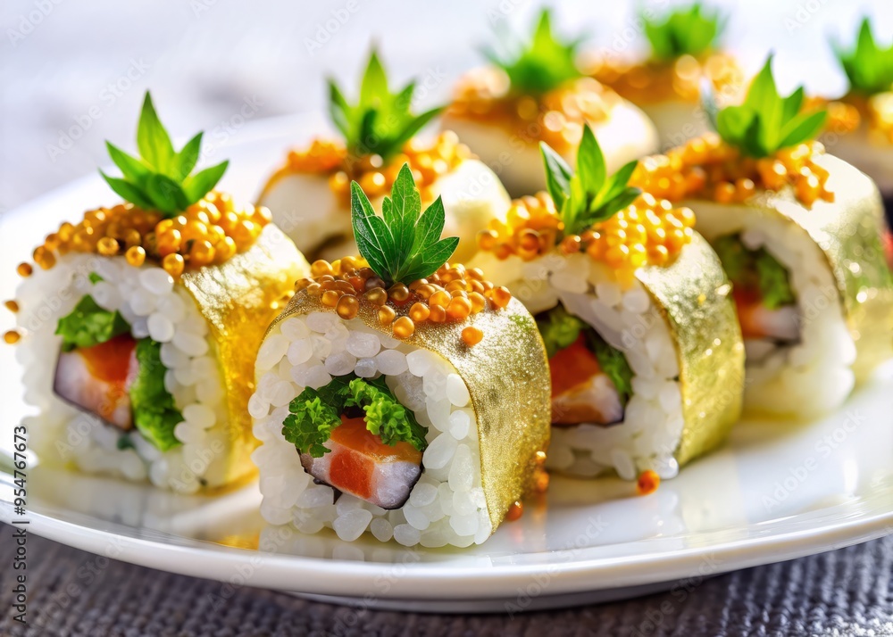 a photo image of delicate sushi rolls adorned with edible gold leaf, caviar, and fresh seaweed on a pristine white plate. a photo image of delicate sushi rolls adorned with edible gold leaf, caviar, and fresh seaweed on a pristine white plate.
