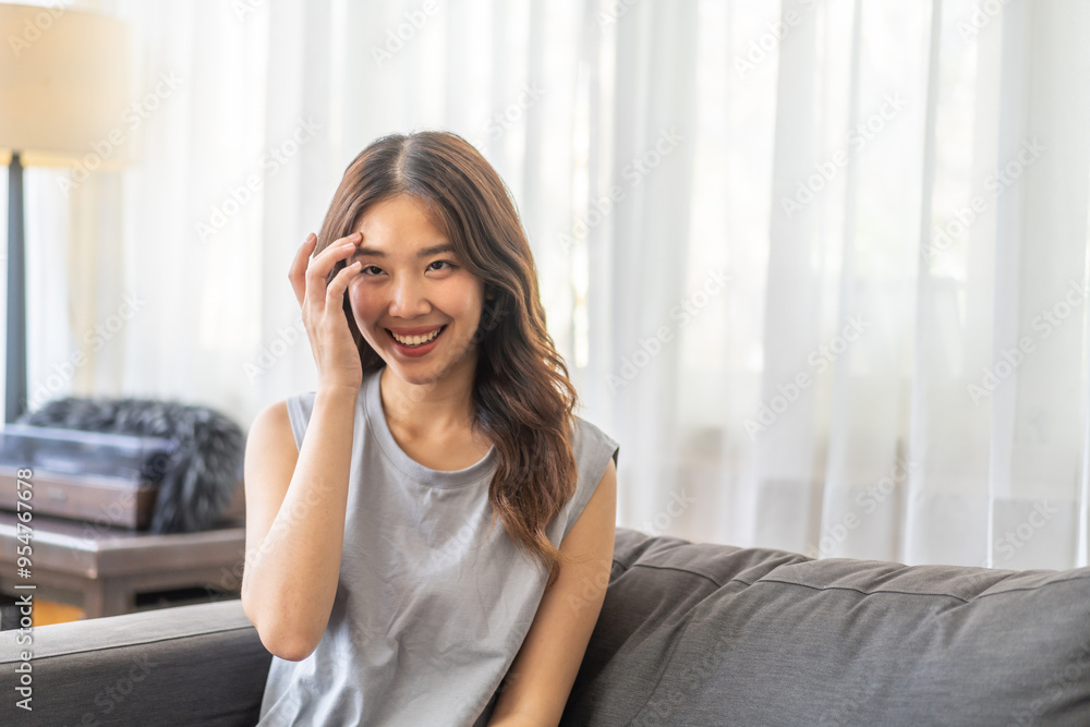 Portrait of smiling beautiful pretty asian woman clean fresh healthy white skin posing smile in pajamas white clothes, skincare, lady, model, cosmetic, fashion.Girl relax, enjoy at home.asia beauty Portrait of smiling beautiful pretty asian woman clean fresh healthy white skin posing smile in pajamas white clothes, skincare, lady, model, cosmetic, fashion.Girl relax, enjoy at home.asia beauty