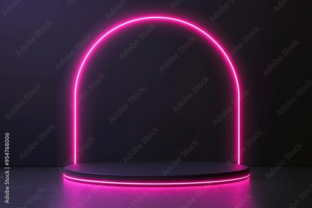 Black Friday Sale Concept. Empty circle pedestal for product displays with Pink neon arch lighting on black background. Vector illustration with generative ai Black Friday Sale Concept. Empty circle pedestal for product displays with Pink neon arch lighting on black background. Vector illustration with generative ai