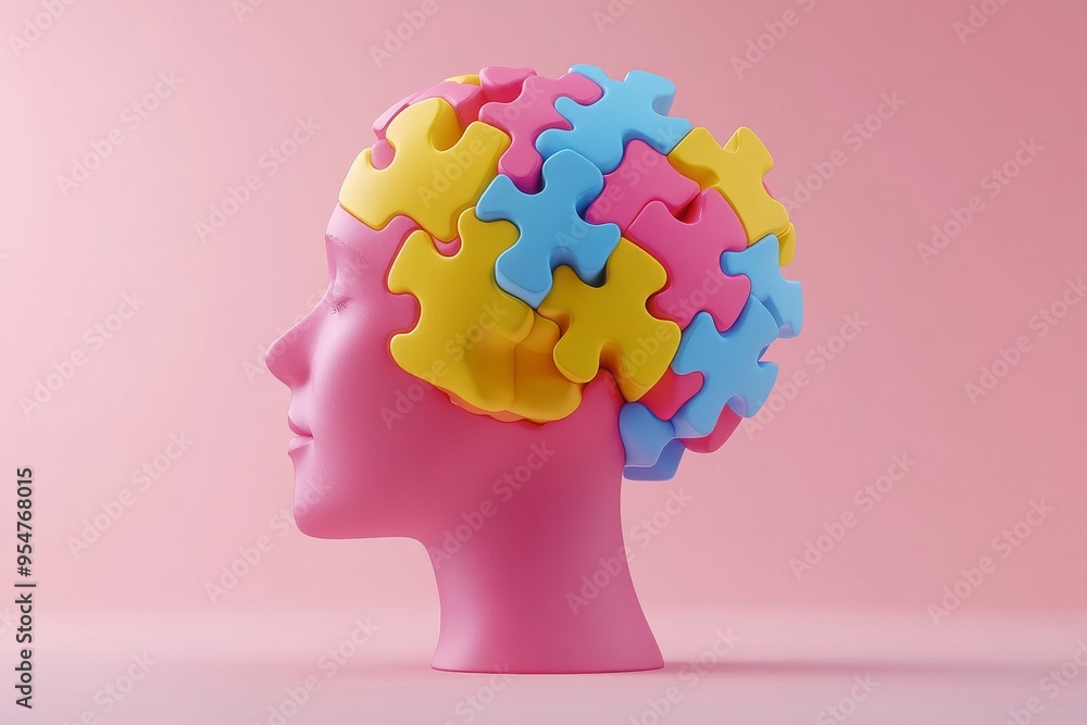 © Leo Rohmann - Cognitive therapy Brain stimulation Human head formed by colorful puzzle pieces symbolizing complexity of the human mind mental health challenges or cognitive diversity in playful vibrant context