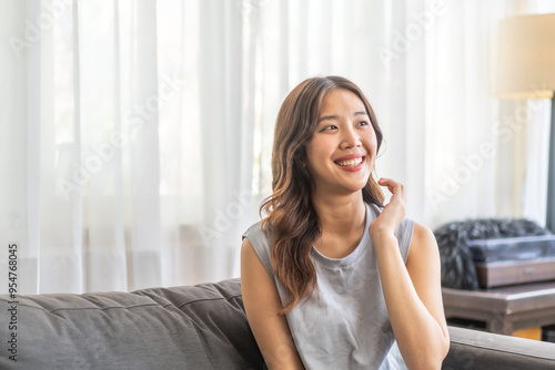 Portrait of smiling beautiful pretty asian woman clean fresh healthy white skin posing smile in pajamas white clothes, skincare, lady, model, cosmetic, fashion.Girl relax, enjoy at home.asia beauty