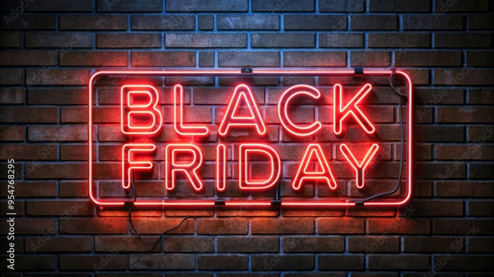 Fototapeta premium Neon Black Friday Sign On Brick Wall. Sale Shopping.