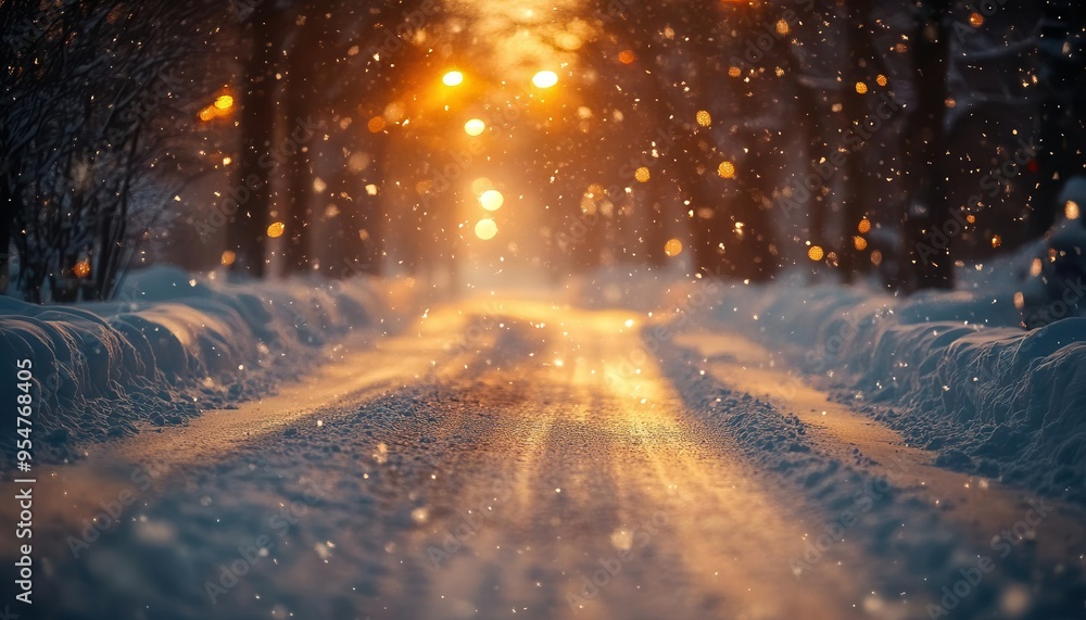 Snow-covered roads in the evening light, with streetlights casting a warm glow on the snow-covered ground, Serene, Warm Glow, Atmospheric Snow-covered roads in the evening light, with streetlights casting a warm glow on the snow-covered ground, Serene, Warm Glow, Atmospheric
