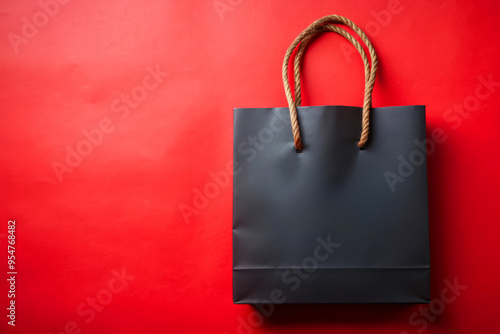 Black paper bag on red background. mockup for branding.