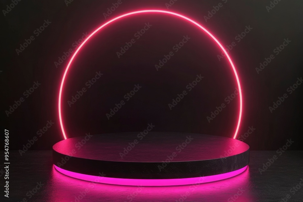 Black Friday Sale Concept. Empty circle pedestal for product displays with Pink neon arch lighting on black background. Vector illustration with generative ai Black Friday Sale Concept. Empty circle pedestal for product displays with Pink neon arch lighting on black background. Vector illustration with generative ai