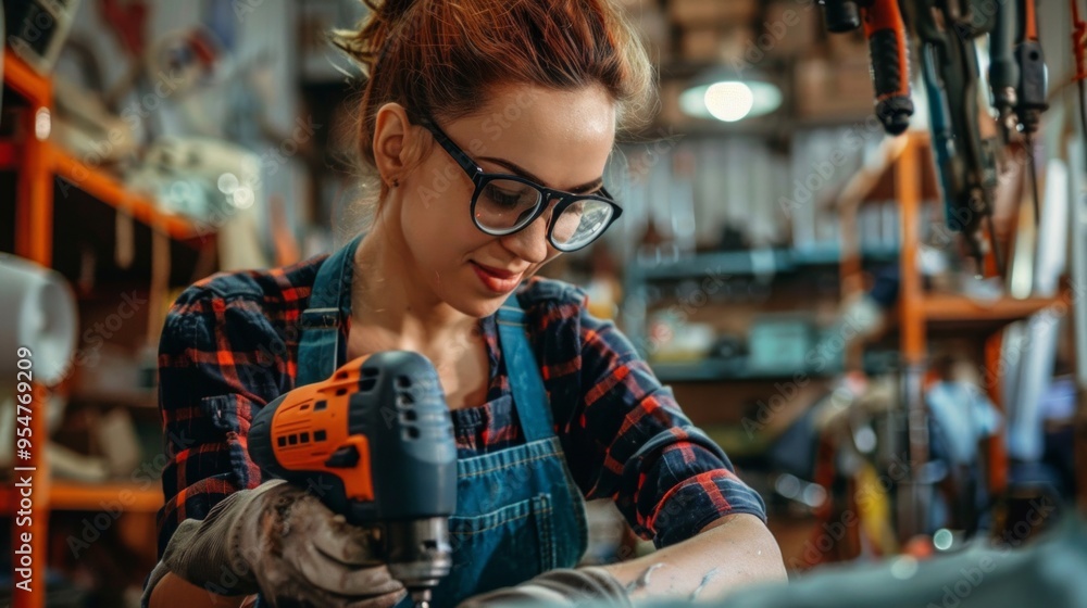 A woman in safety gear uses a power drill on metal in a cluttered workshop. Bicycles in the background hint at bicycle repair work. A woman in safety gear uses a power drill on metal in a cluttered workshop. Bicycles in the background hint at bicycle repair work.