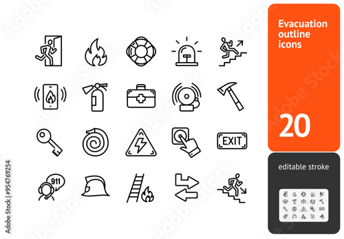 Evacuation Sign Black Thin Line Icon Set Include of Fire, Stair and Extinguisher. Vector illustration of Emergency Signs