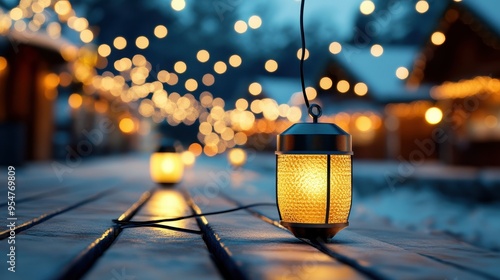 A warm glowing lantern surrounded by soft winter lights, creating a cozy atmosphere in a snowy setting. photo