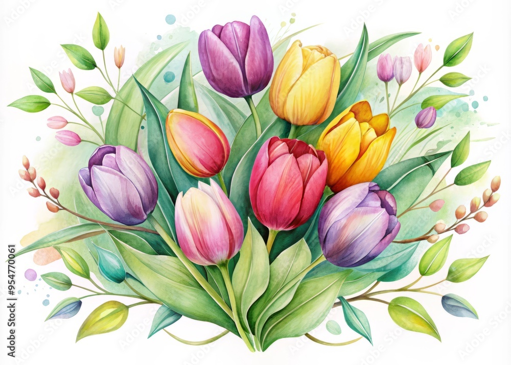 Obraz premium Photo image of a whimsical illustration featuring a bouquet of colorful tulips surrounded by delicate vines and leaves in a soft watercolor style.