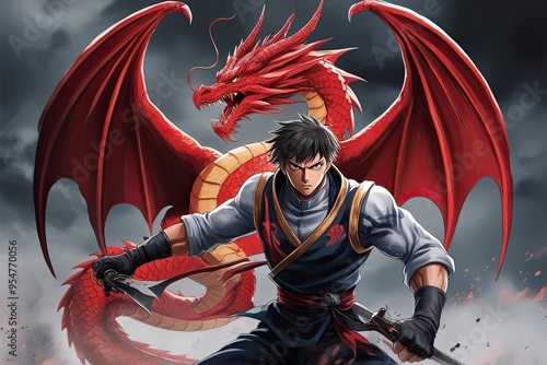 Ominous Dragon Symbol Artwork with Battle-Ready Anime Warrior Illustration photo