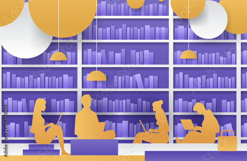 Library scene with people reading and working. Silhouette figures of people with laptops and books in a modern library setting with purple bookshelves and yellow hanging lamps. Papercut style