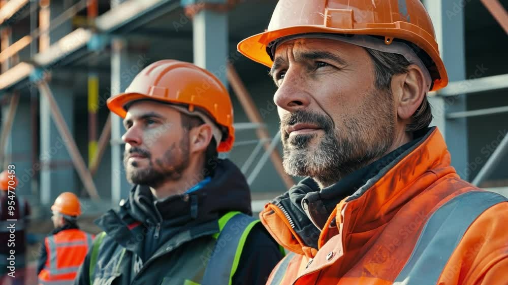 A collaborative moment between an engineering manager, project consultant, and foreman, inspecting construction progress in safety gear A collaborative moment between an engineering manager, project consultant, and foreman, inspecting construction progress in safety gear