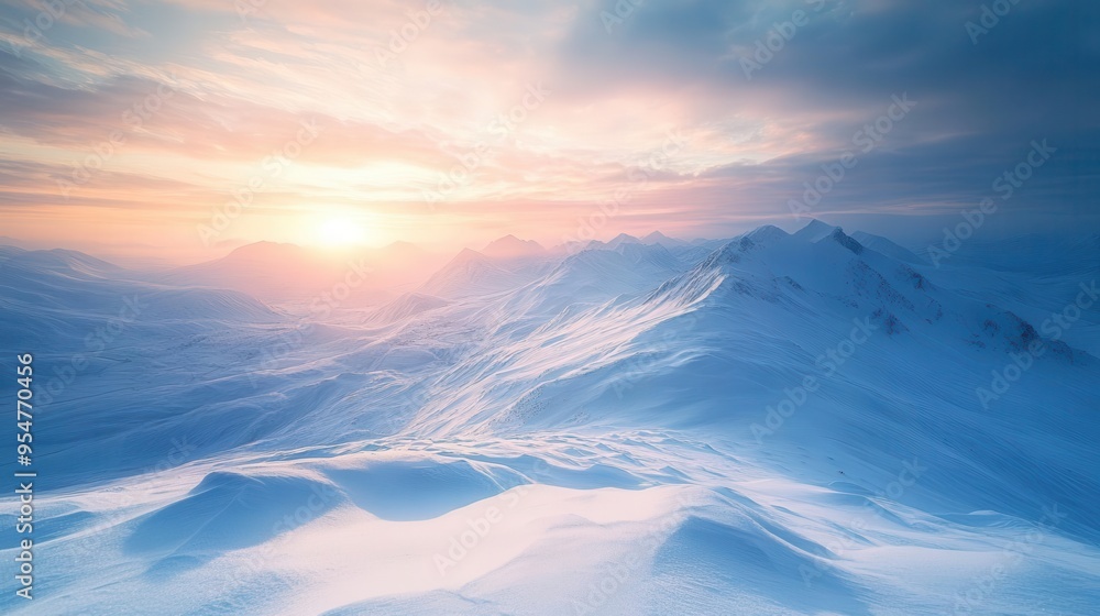 Winter evening over the frozen valleys, with soft light illuminating the snow-covered landscape, creating a serene winter scene, Serene, Cool Tones, Wide Angle Winter evening over the frozen valleys, with soft light illuminating the snow-covered landscape, creating a serene winter scene, Serene, Cool Tones, Wide Angle