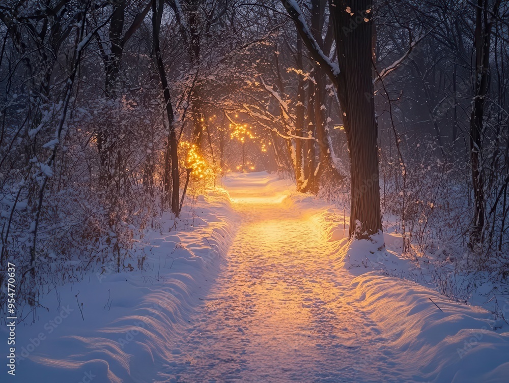 Winter evening over the snowy paths, with soft light illuminating the frosty ground, creating a serene winter scene, Serene, Cool Tones, Wide Angle