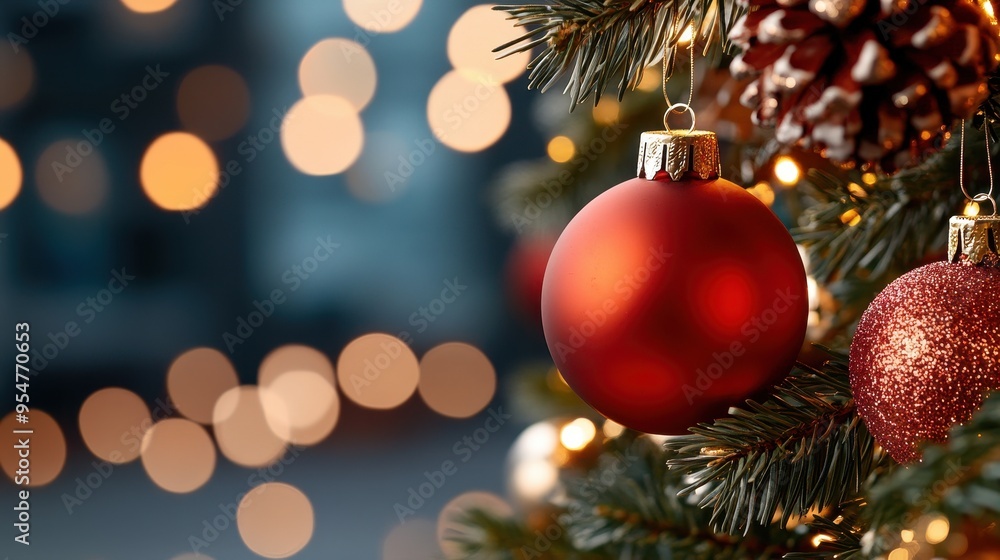 Close-up of a red Christmas ornament hanging on a festive tree with bokeh lights, creating a warm and joyful holiday atmosphere. Close-up of a red Christmas ornament hanging on a festive tree with bokeh lights, creating a warm and joyful holiday atmosphere.