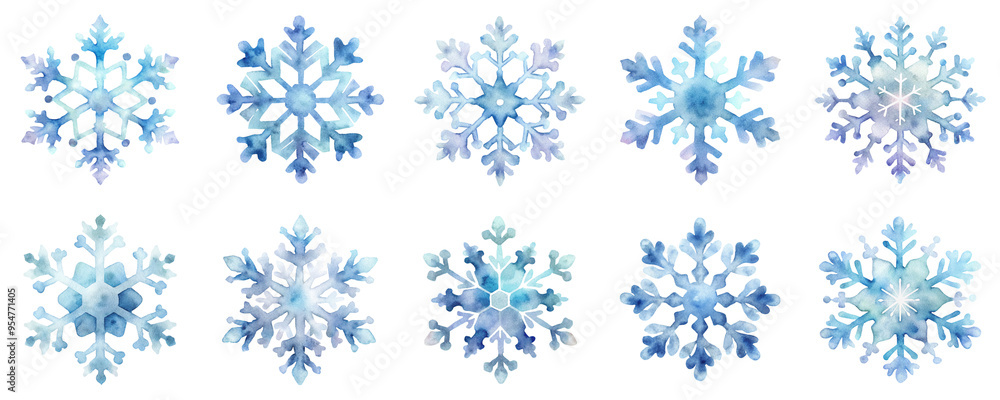 Snowflakes, each uniquely designed in blue and icy tones in watercolor illustration set. Elements in soft pastel colors isolated on transparent background. Snowflakes, each uniquely designed in blue and icy tones in watercolor illustration set. Elements in soft pastel colors isolated on transparent background.