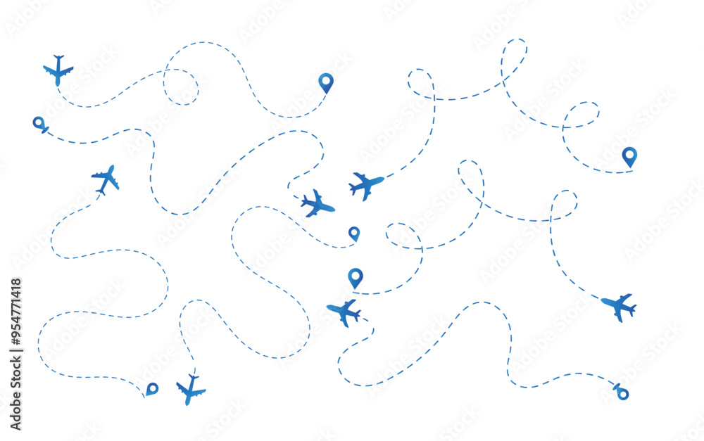 Obraz premium Airplane line path vector icon of air plane flight route with start point Airplane line path Transportation and travel concept
