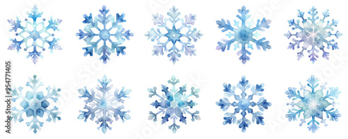 Snowflakes, each uniquely designed in blue and icy tones in watercolor illustration set. Elements in soft pastel colors isolated on transparent background.