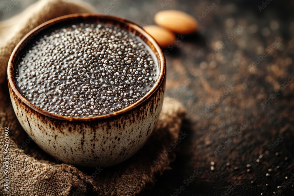 Bowl of chia seeds soaking in almond milk, brain-boosting breakfast preparation, healthy and nutrient-dense Bowl of chia seeds soaking in almond milk, brain-boosting breakfast preparation, healthy and nutrient-dense