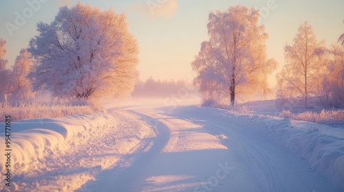 Winter morning over the snow-covered roads, with the first light of the day casting a warm glow on the frosty landscape, Serene, Warm Tones, Wide Shot