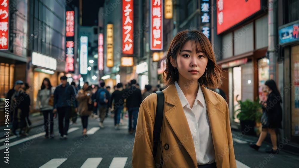 Fototapeta premium Woman Walking in Busy City Street at Night