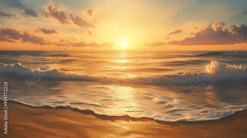 Design a scene of a golden sand beach with the sun setting in the background. The golden sand should shimmer under the fading light