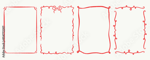 Quirky trendy Frame, Hand Drawn red Borders for Wedding Invitation, Whimsical frames for birthday card, Squiggly and Wavy Borders. Minimalist line art