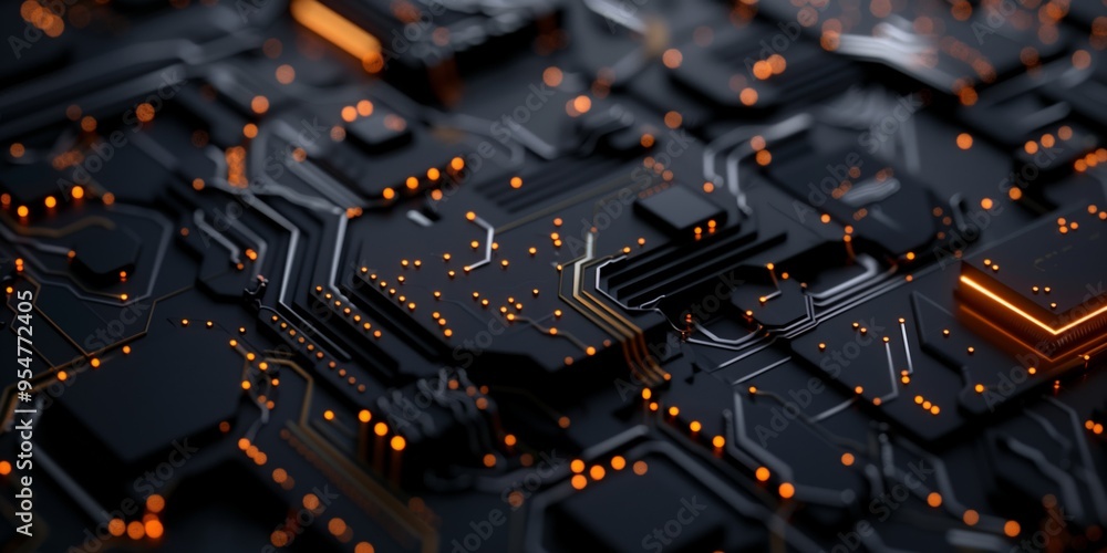 Abstract background with microchips and black polygonal elements, geometric pattern, dark shades.