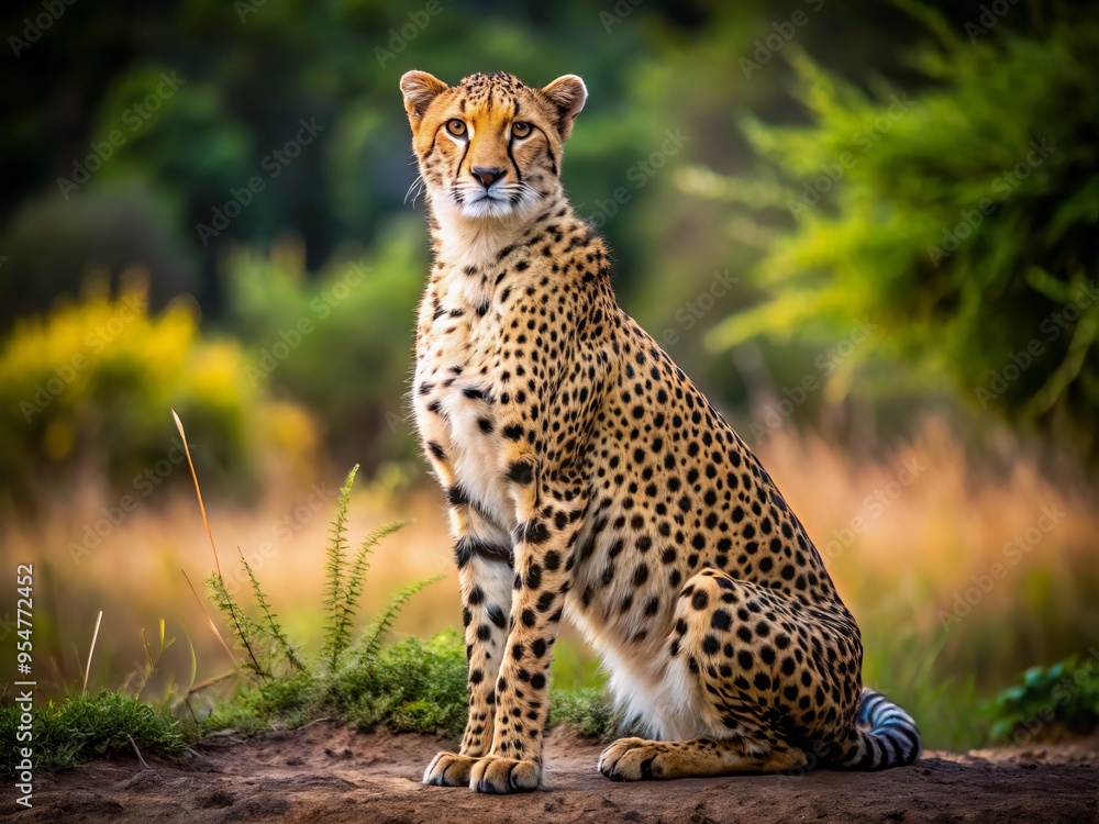 Obraz premium Silky fur glistens in soft sunlight as a regal cheetah settles into a languid pose, its eyes fixed on the vast expanse of open savannah stretching out before it.