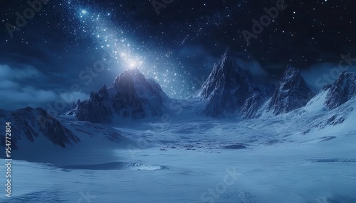 Winter night in the snow-covered mountains, with the stars twinkling in the clear winter sky, creating a magical winter scene, Serene, Cool Tones, Wide Angle