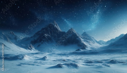 Winter night in the snow-covered mountains, with the stars twinkling in the clear winter sky, creating a magical winter scene, Serene, Cool Tones, Wide Angle