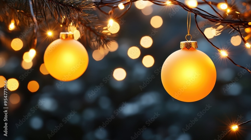 Warm golden ornaments hang on a Christmas tree, surrounded by soft glowing lights, perfect for festive holiday decor. Warm golden ornaments hang on a Christmas tree, surrounded by soft glowing lights, perfect for festive holiday decor.