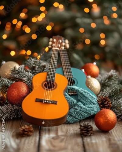 Warm holiday scene featuring two guitars with festive ornaments and soft lights, perfect for music and celebration themes.