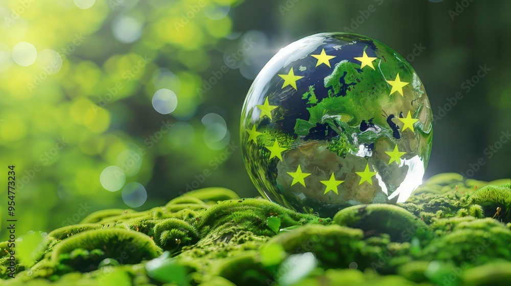 Glass Globe Reflecting Europe on Mossy Ground Glass Globe Reflecting Europe on Mossy Ground