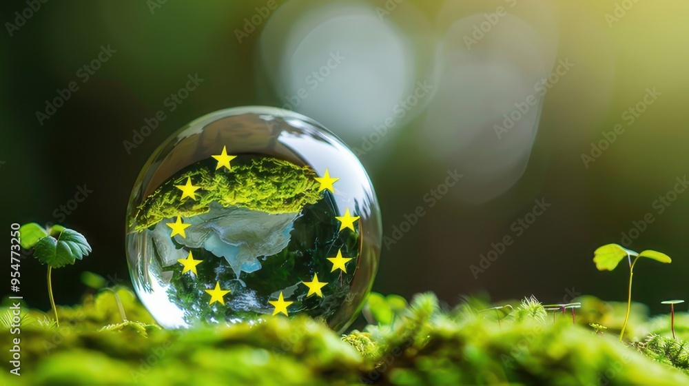 Glass Globe with European Union Stars in Nature Glass Globe with European Union Stars in Nature
