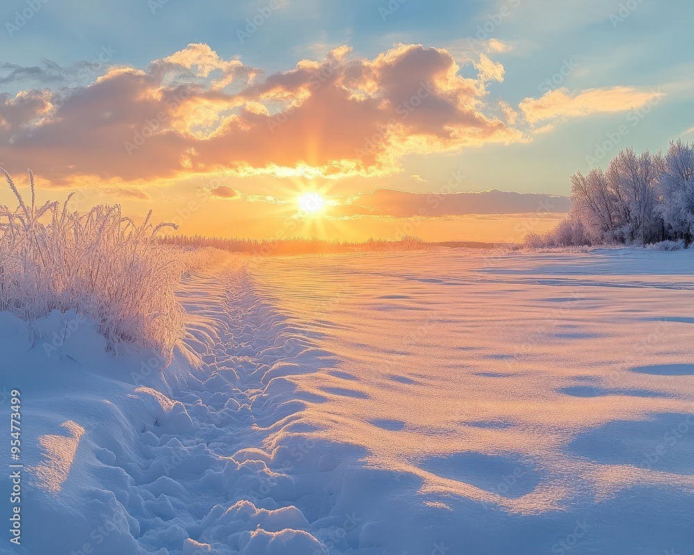 Winter sunrise over the snow-covered fields Winter sunrise over the snow-covered fields