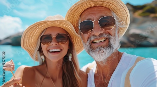 Happy mature couple eating ice cream while traveling during summer vacation. Generative AI.