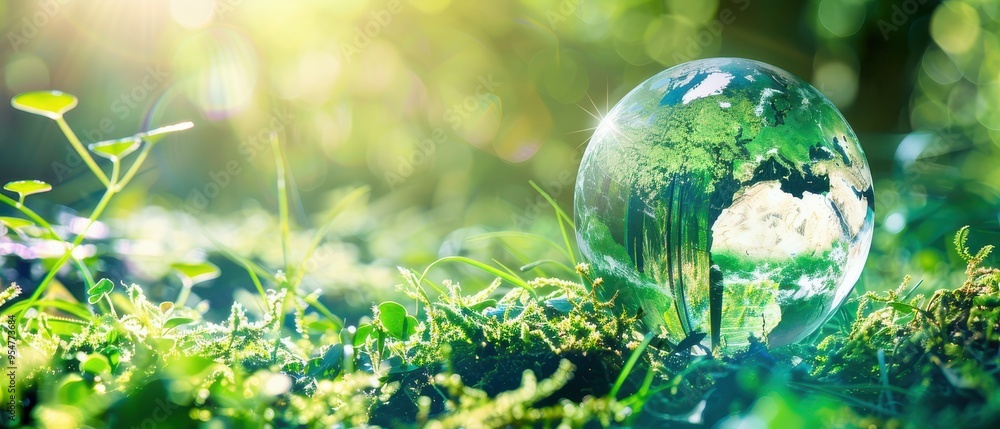 Glass globe reflecting nature, resting on green moss Glass globe reflecting nature, resting on green moss
