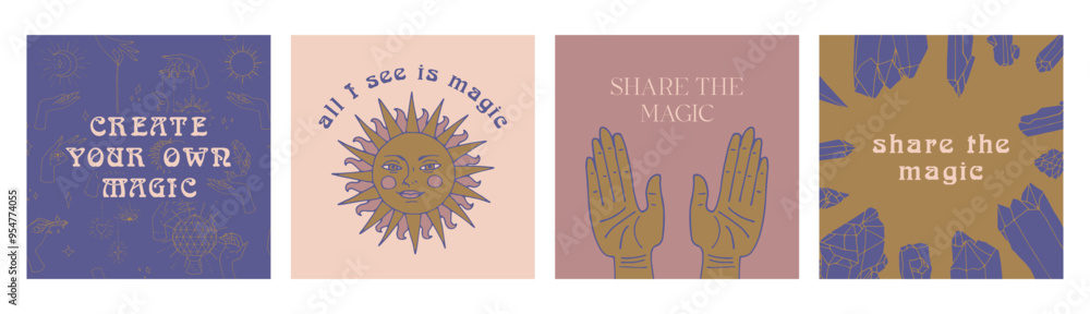 Fototapeta premium Set of 4 Mystical quotes and spiritual illustrations. Magic social media post template