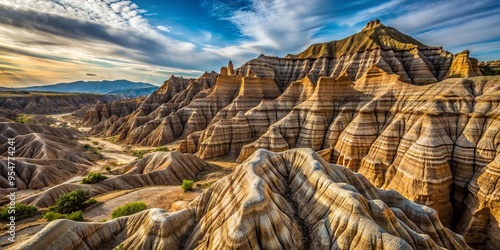 A photo image of a geological formation with a rugged, unyielding profile, textured with deep ridges and cracks, set against a serene, weathered background photo