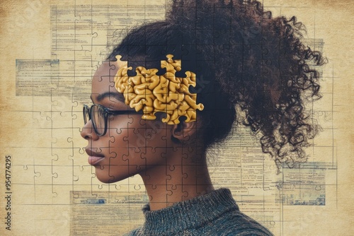 Memory recall Neuroethics Profile of a young woman with puzzle pieces in her hair symbolizing the complexity of thought the beauty of intelligence or the intricate nature of human cognition photo