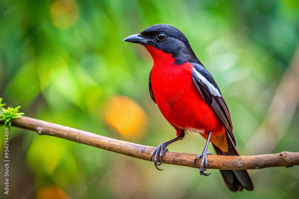 The Crimson Breasted Shrike rests atop a branch, its vibrant plumage standing out against a soft blur of green forest foliage. The Crimson Breasted Shrike rests atop a branch, its vibrant plumage standing out against a soft blur of green forest foliage.