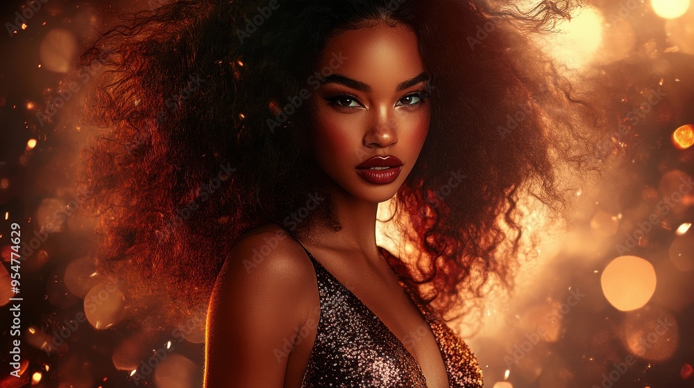 A striking woman showcases her captivating presence, her fiery hair shimmering while surrounded by a warm, enchanting atmosphere at night A striking woman showcases her captivating presence, her fiery hair shimmering while surrounded by a warm, enchanting atmosphere at night