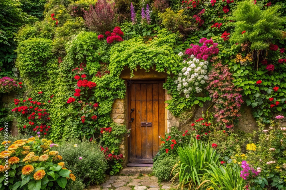 photo image of a lush, overgrown wall covered in a variety of vibrant flowering plants, with a small wooden door hidden among the foliage photo image of a lush, overgrown wall covered in a variety of vibrant flowering plants, with a small wooden door hidden among the foliage